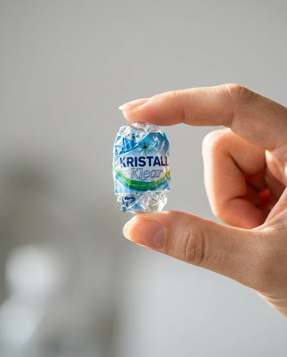 A hand holding a tiny compressed Kristall Klear bottle capsule